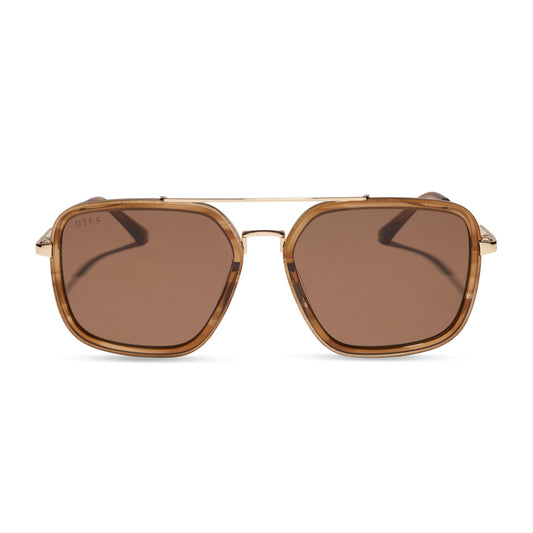 diff eyewear jordan navigator sunglasses with a tortoise frame, gold temples, and brown lenses front view