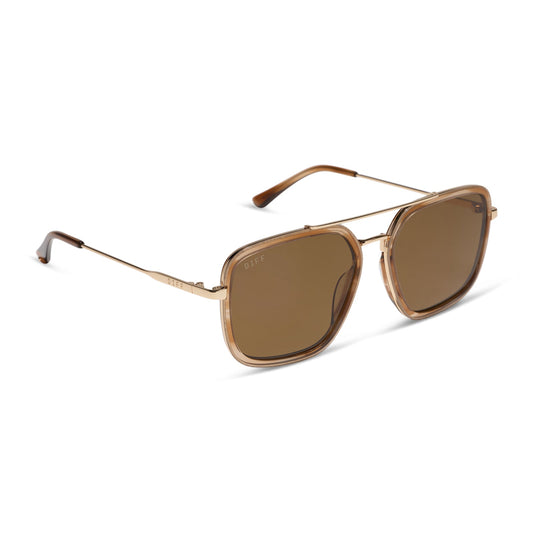 diff eyewear jordan navigator sunglasses with a tortoise frame, gold temples, and brown lenses angled view