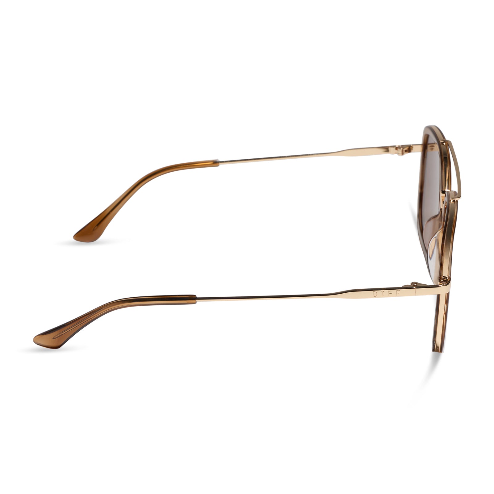 diff eyewear jordan navigator sunglasses with a tortoise frame, gold temples, and brown lenses side view
