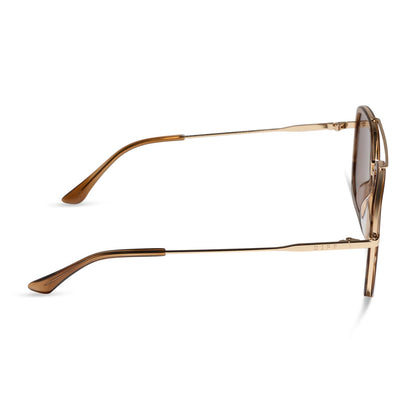diff eyewear jordan navigator sunglasses with a tortoise frame, gold temples, and brown lenses side view