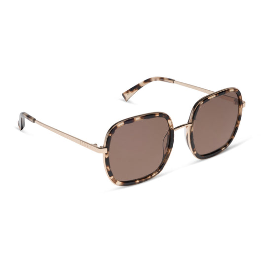 diff eyewear featuring the josie square sunglasses with a espresso tortoise frame and brown polarized lenses angled view