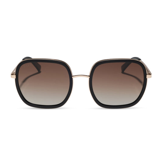 diff eyewear featuring the josie square sunglasses with a matte black frame and brown gradient polarized lenses front view