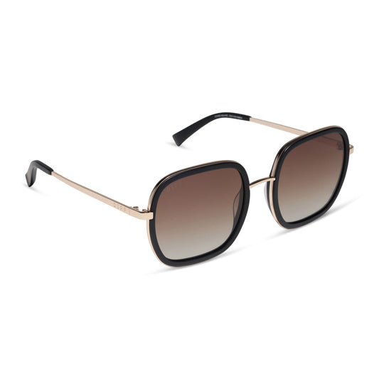 diff eyewear featuring the josie square sunglasses with a matte black frame and brown gradient polarized lenses angled view