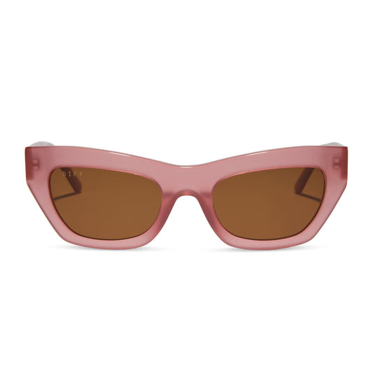 diff eyewear featuring the katarina cat eye sunglasses with a guava pink frame and brown lenses front view