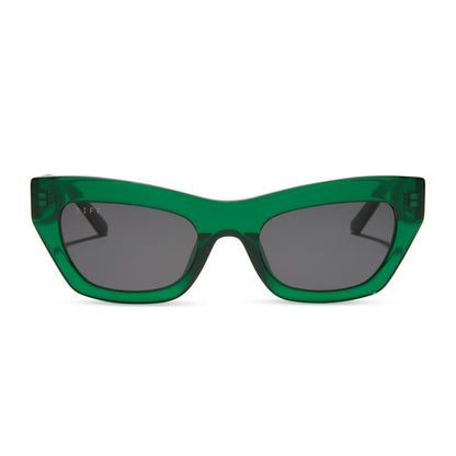 diff eyewear katarina cat eye sunglasses with a palm green crystal acetate frame and grey lenses front view
