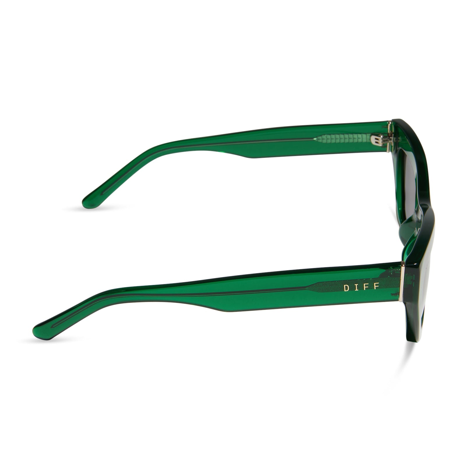 diff eyewear katarina cat eye sunglasses with a palm green crystal acetate frame and grey lenses side view
