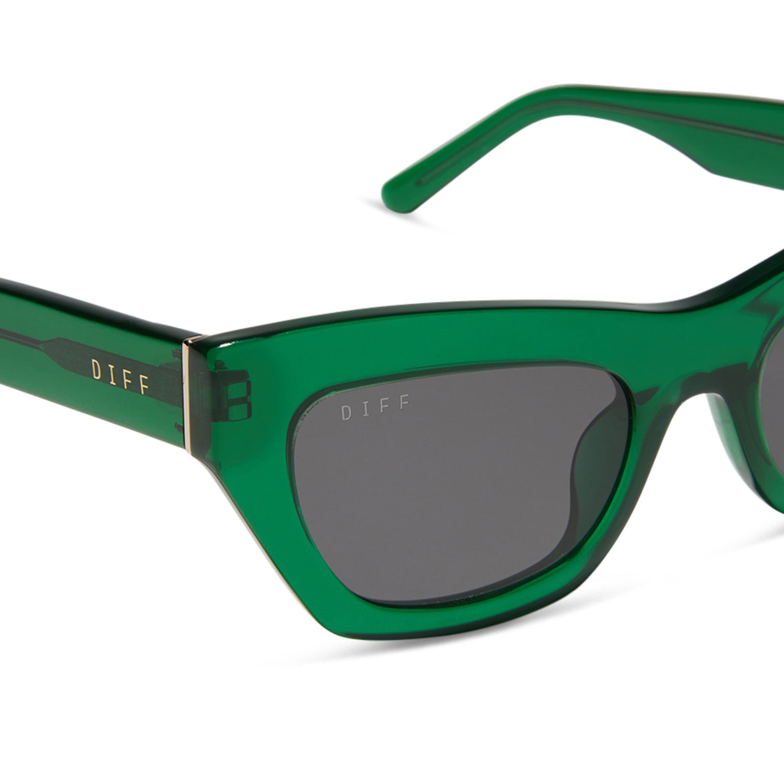 diff eyewear katarina cat eye sunglasses with a palm green crystal acetate frame and grey lenses detailed view