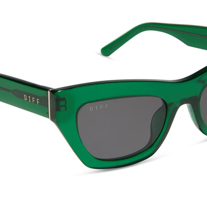 diff eyewear katarina cat eye sunglasses with a palm green crystal acetate frame and grey lenses detailed view