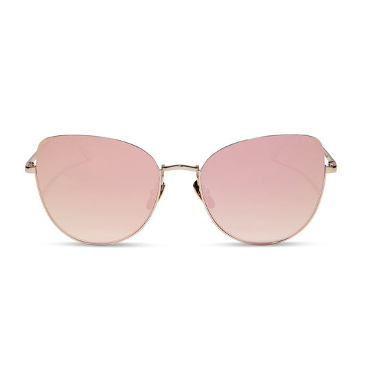 diff eyewear featuring the kinsley round sunglasses with a champagne frame and taupe mirror lenses front view