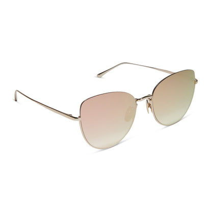 diff eyewear featuring the kinsley round sunglasses with a champagne frame and taupe mirror lenses angled view