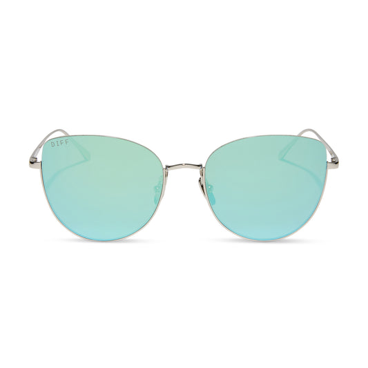 diff eyewear wholesale kinsley round sunglasses with a silver frame and aquatic awe teal lenses front view