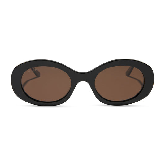 diff eyewear featuring the lainey oval sunglasses with a black frame and brown polarized lenses front view