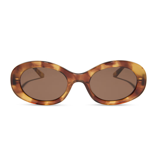 diff eyewear featuring the lainey oval sunglasses with a brown fleur frame and brown lenses front view