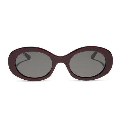 diff eyewear featuring the lainey oval sunglasses with a dark cherry lacquer frame and grey lenses front view