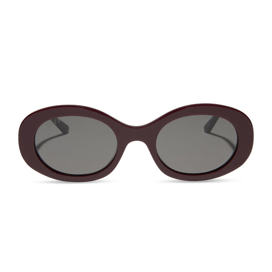 diff eyewear featuring the lainey oval sunglasses with a dark cherry lacquer frame and grey lenses front view