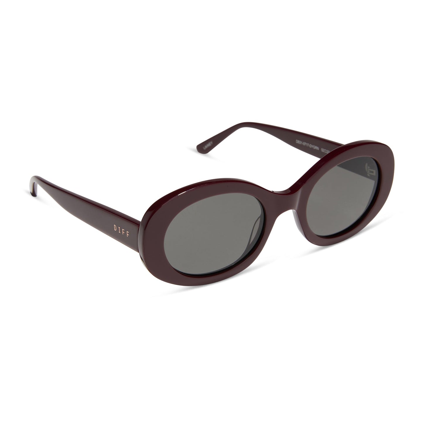 diff eyewear featuring the lainey oval sunglasses with a dark cherry lacquer frame and grey lenses angled view