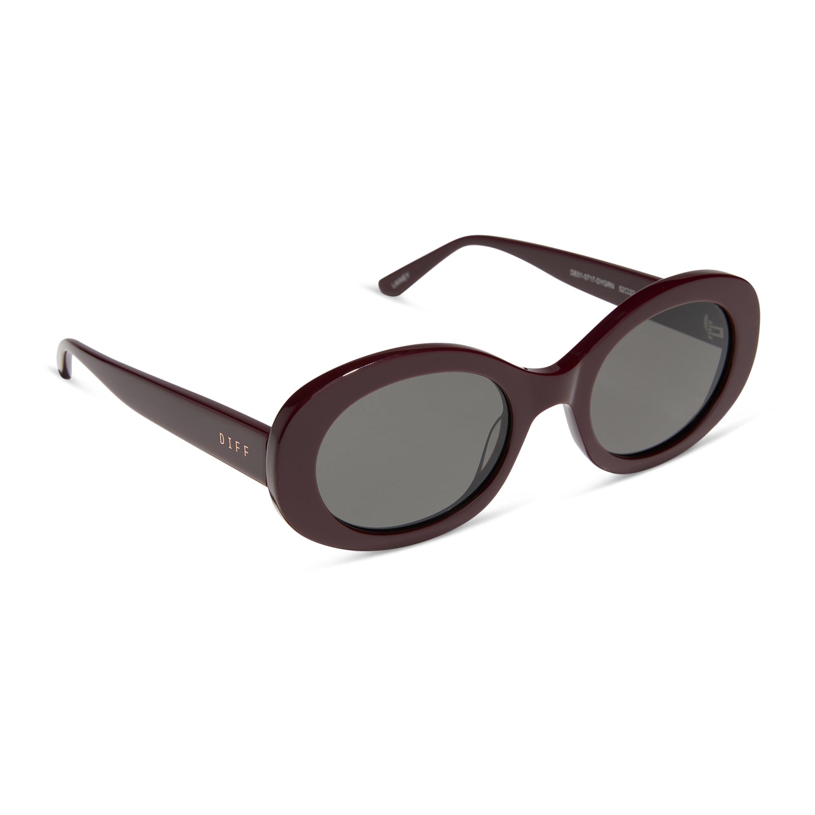 diff eyewear featuring the lainey oval sunglasses with a dark cherry lacquer frame and grey lenses angled view