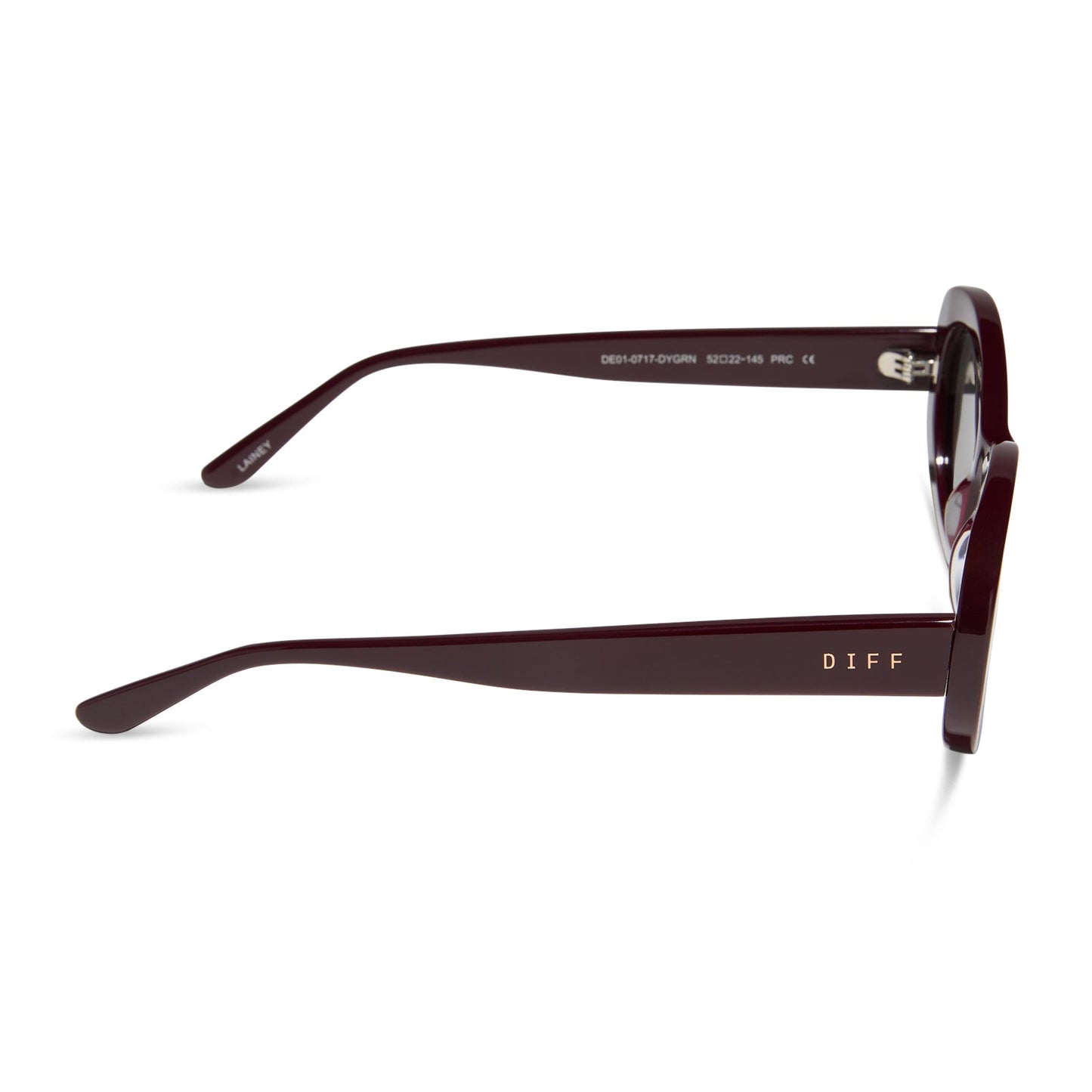 diff eyewear featuring the lainey oval sunglasses with a dark cherry lacquer frame and grey lenses side view
