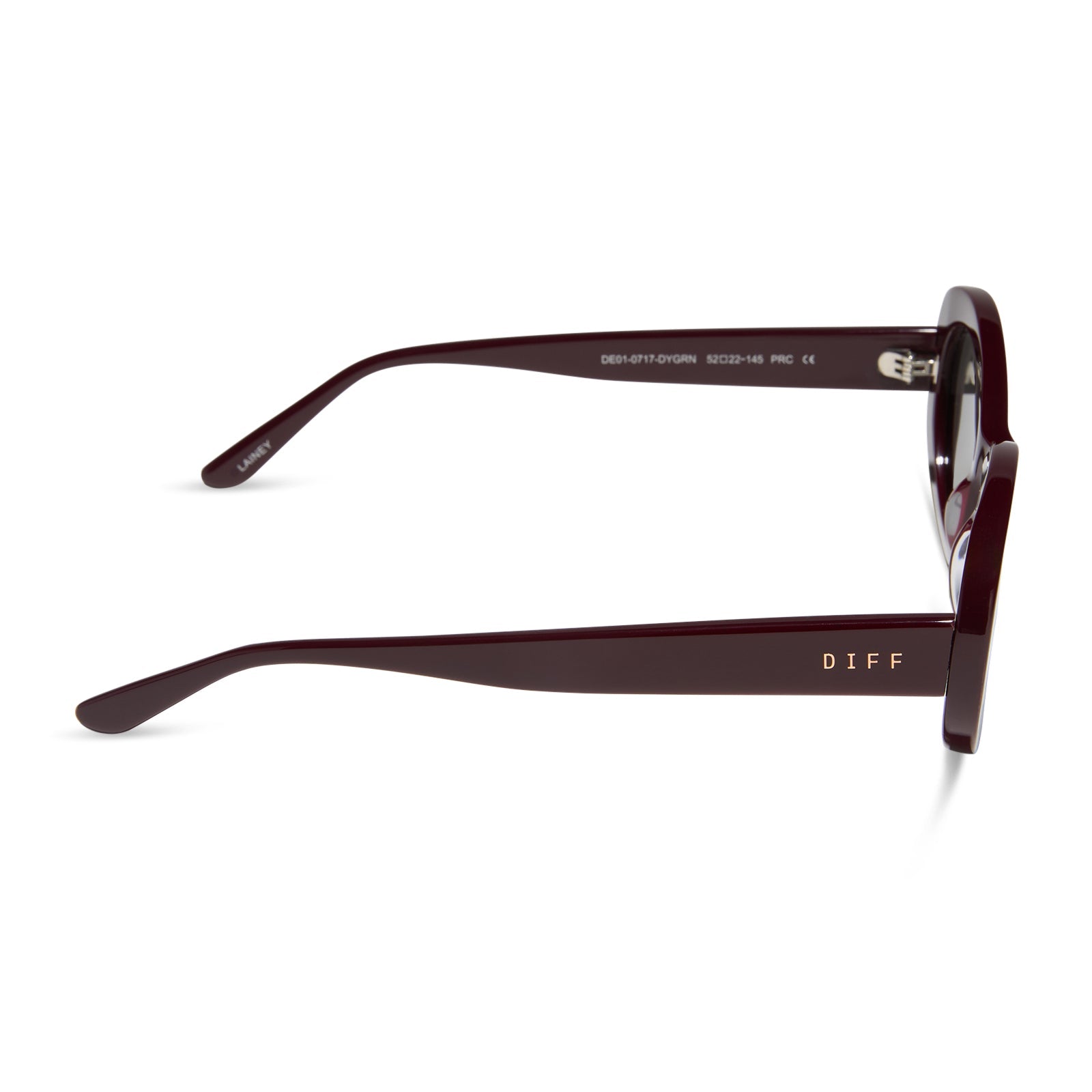 diff eyewear featuring the lainey oval sunglasses with a dark cherry lacquer frame and grey lenses side view