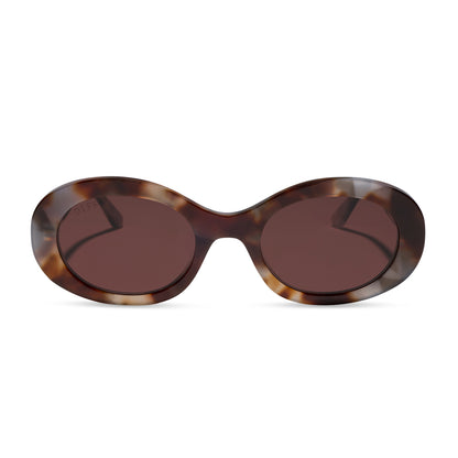 diff eyewear lainey oval sunglasses with a dove tortoise acetate frame and brown polarized lenses front view