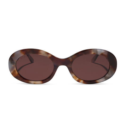diff eyewear lainey oval sunglasses with a dove tortoise acetate frame and brown polarized lenses front view