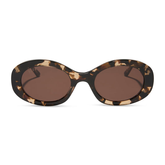 diff eyewear featuring the lainey oval sunglasses with a espresso tortoise frame and brown lenses front view