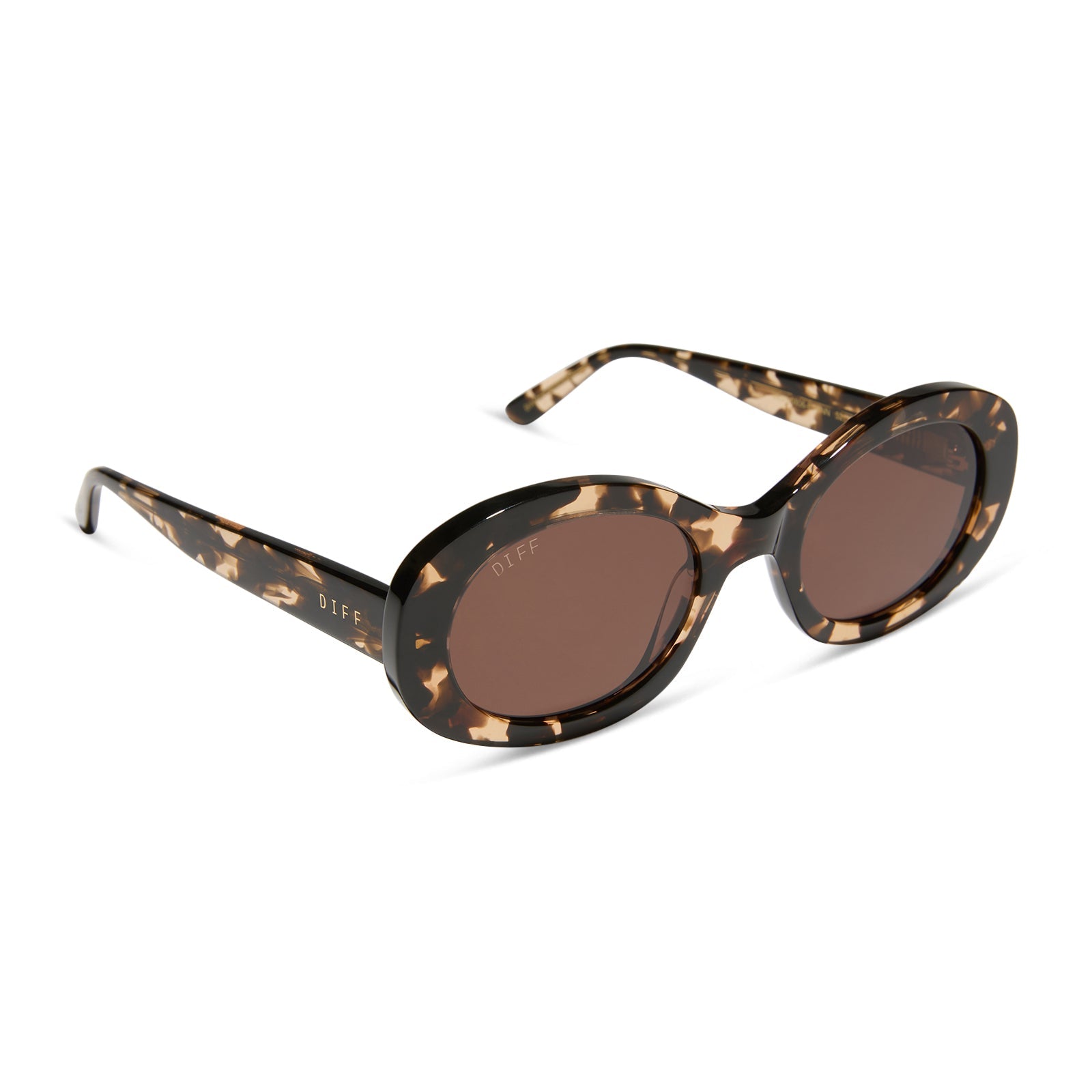 diff eyewear featuring the lainey oval sunglasses with a espresso tortoise frame and brown lenses angled view