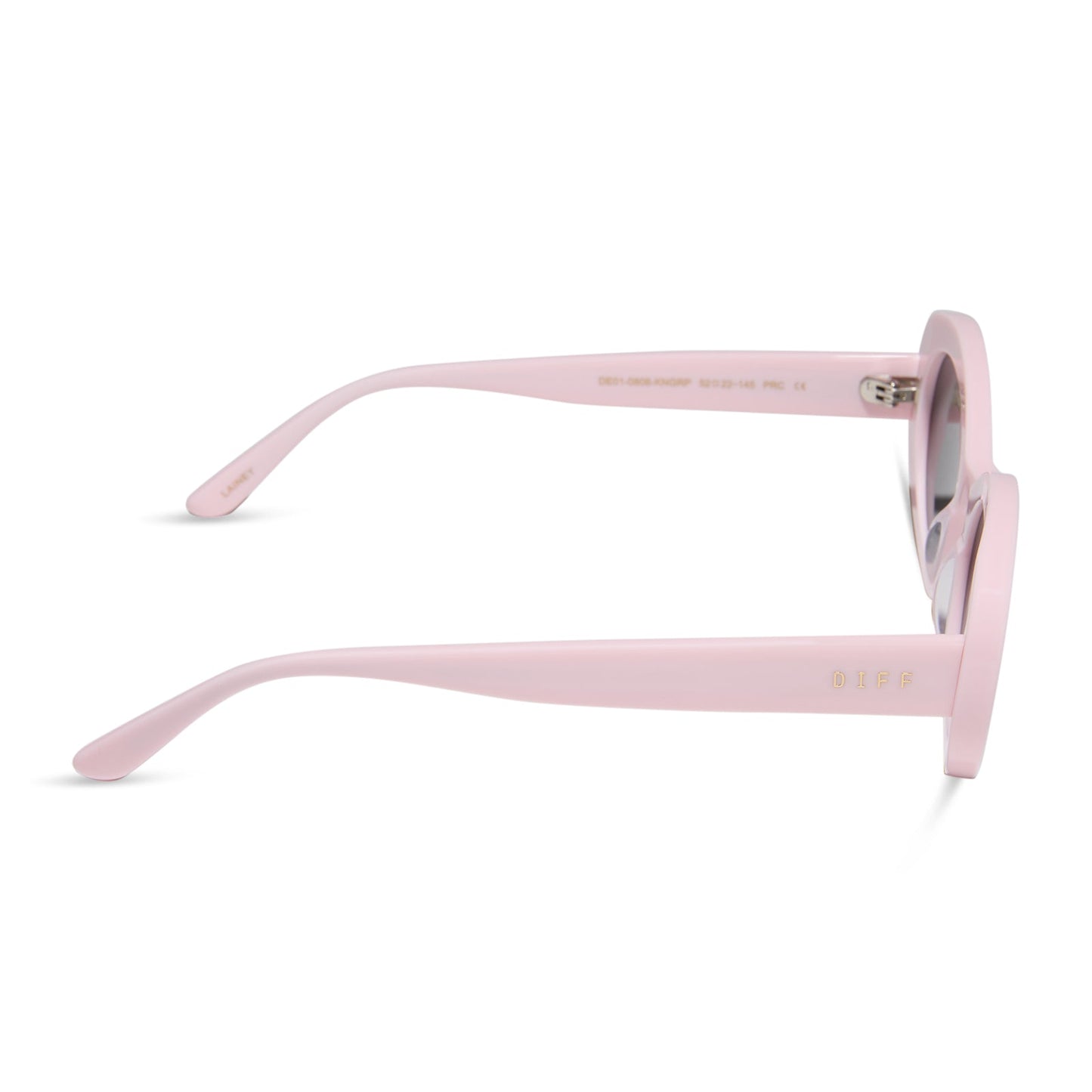 diff eyewear featuring the lainey oval sunglasses with a powder pink frame and grey polarized lenses side view