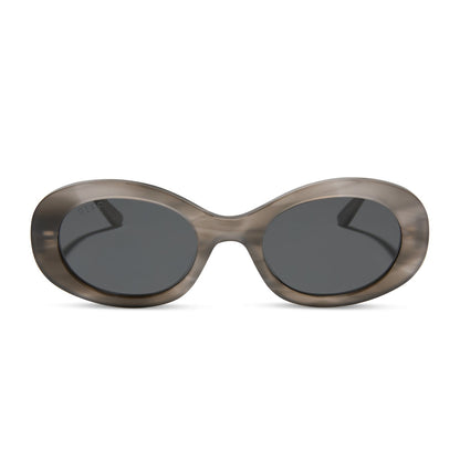 diff eyewear featuring the lainey oval sunglasses with a smoke marble frame and grey polarized lenses front view