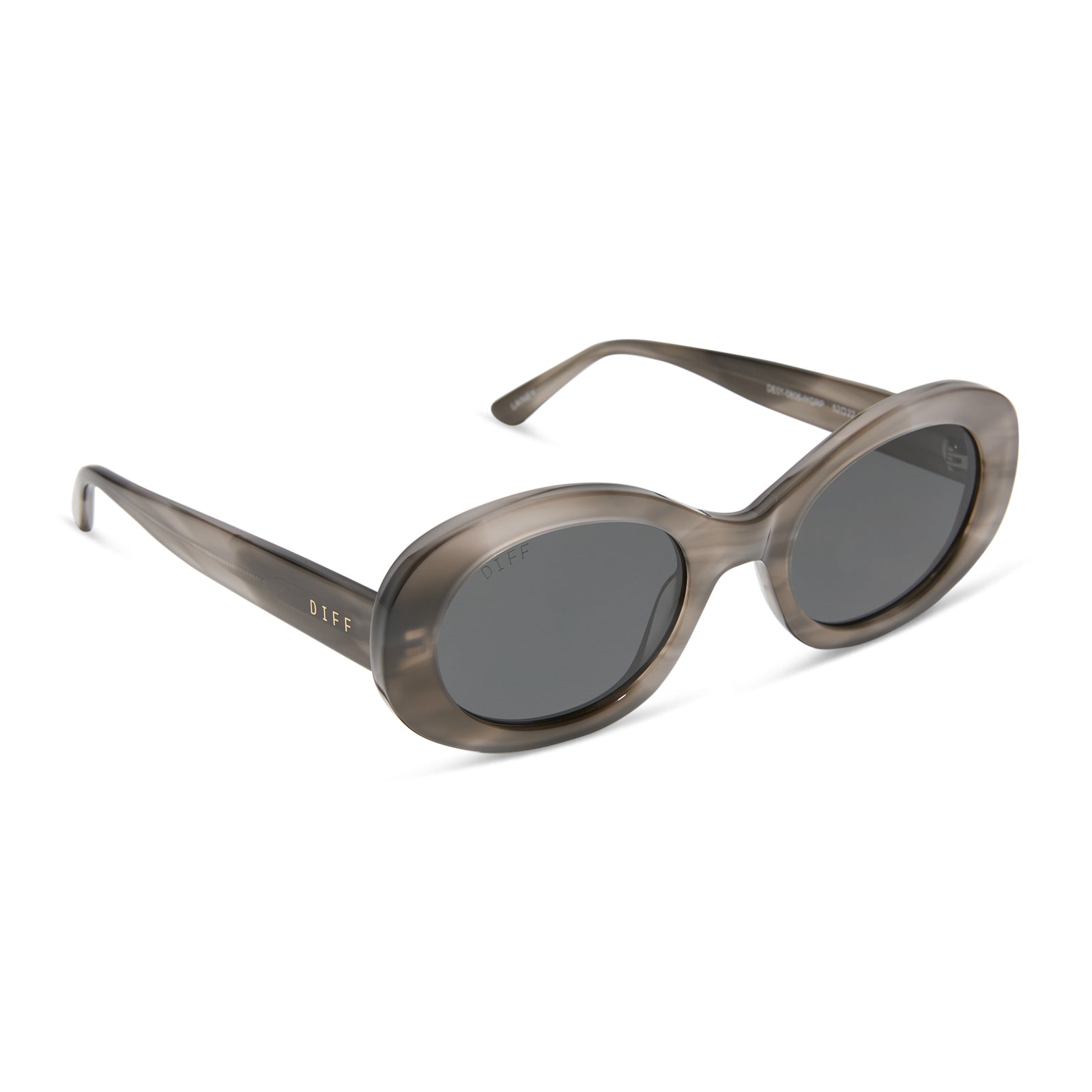 diff eyewear featuring the lainey oval sunglasses with a smoke marble frame and grey polarized lenses angled view