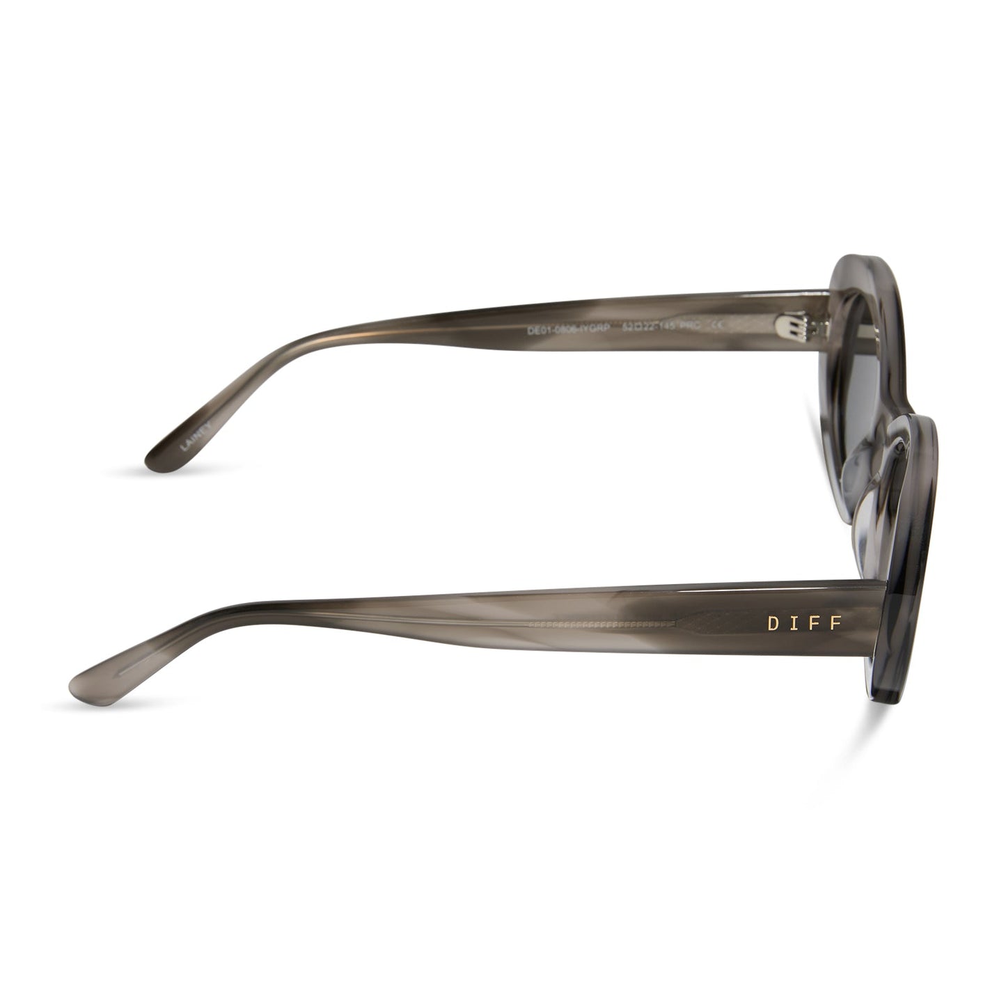 diff eyewear featuring the lainey oval sunglasses with a smoke marble frame and grey polarized lenses side view