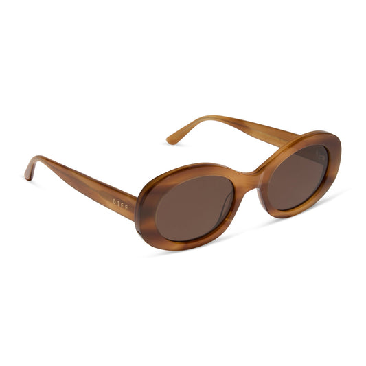 diff eyewear featuring the lainey oval sunglasses with a tawny brown tortoise frame and brown lenses angled view