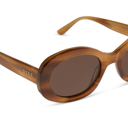 diff eyewear featuring the lainey oval sunglasses with a tawny brown tortoise frame and brown lenses detailed view