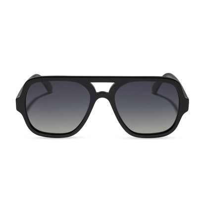 diff eyewear featuring the layton navigator sunglasses with a black acetate frame and grey gradient polarized lenses front view