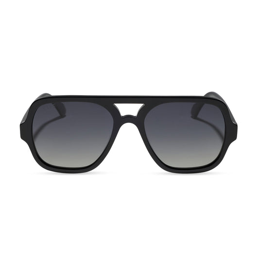 diff eyewear featuring the layton navigator sunglasses with a black acetate frame and grey gradient polarized lenses front view