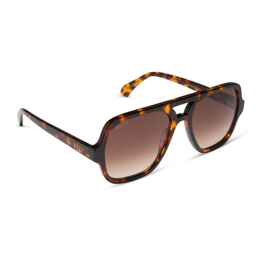 diff eyewear featuring the layton navigator sunglasses with a rich tortoise acetate frame and brown gradient lenses angled view