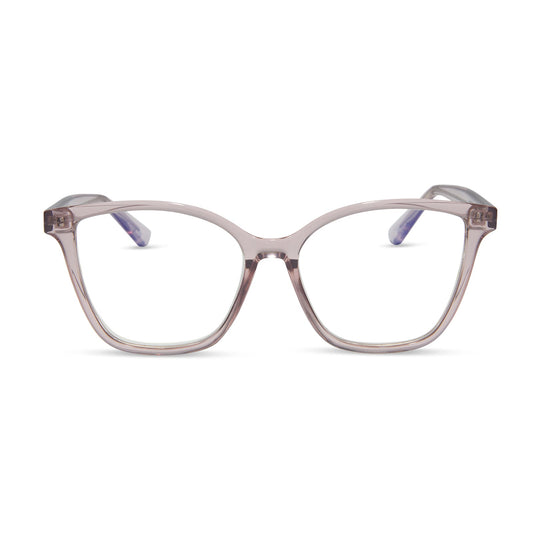 diff eyewear featuring the leah square blue light readers with a light pink crystal frame front view