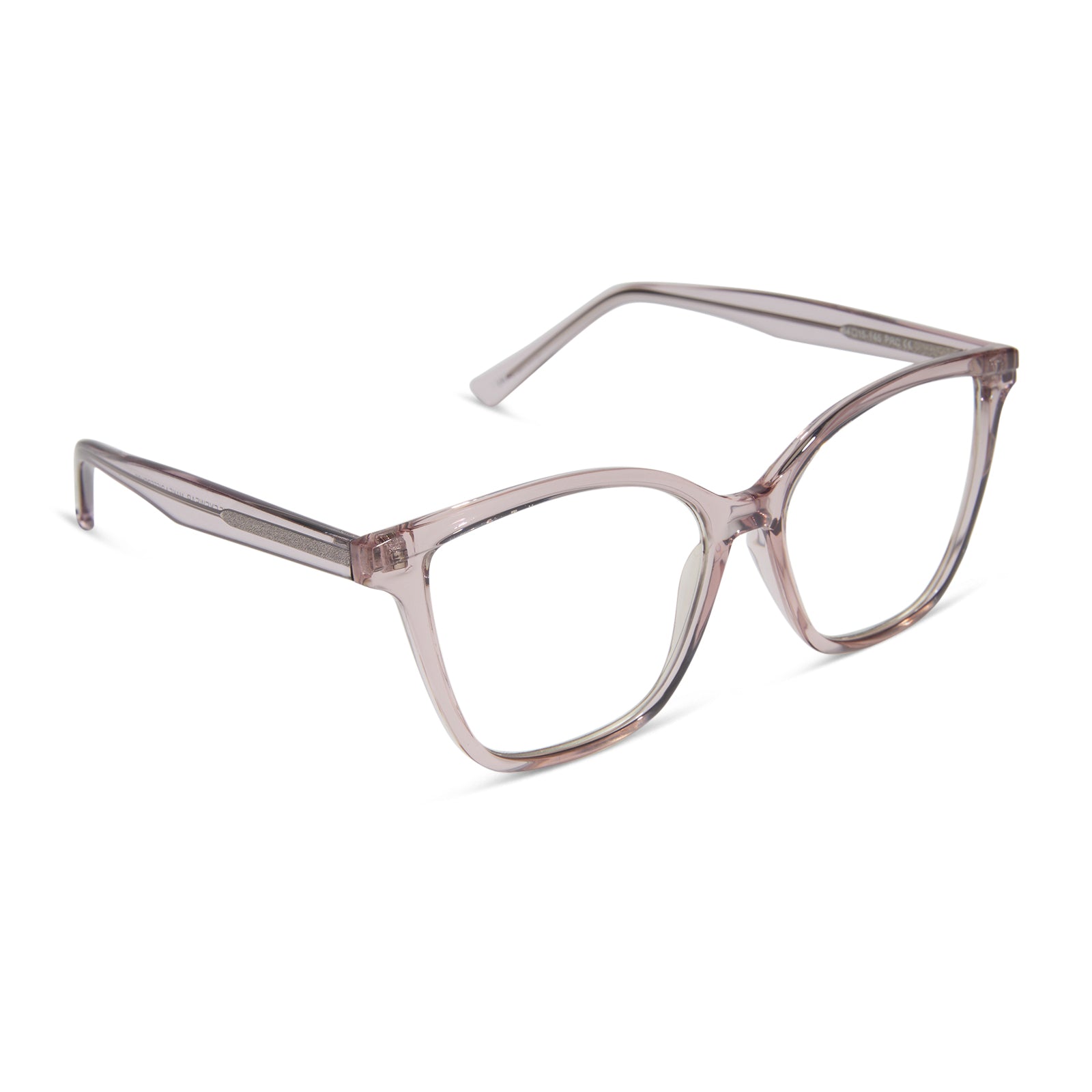 diff eyewear featuring the leah square blue light readers with a light pink crystal frame angled view