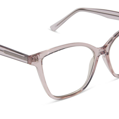 diff eyewear featuring the leah square blue light readers with a light pink crystal frame detailed view