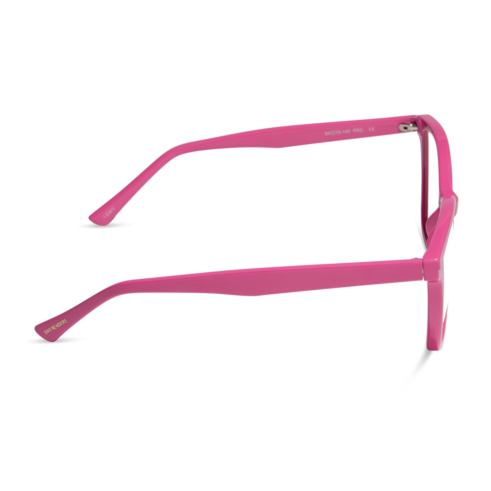 diff eyewear featuring the leah square blue light readers with a peony pink frame side view