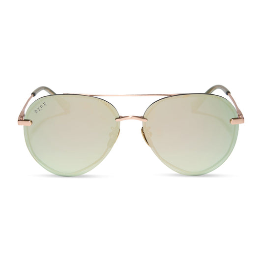 diff eyewear featuring the lenox aviator sunglasses with a brushed champagne frame and cool matcha green mirror polarized lenses front view