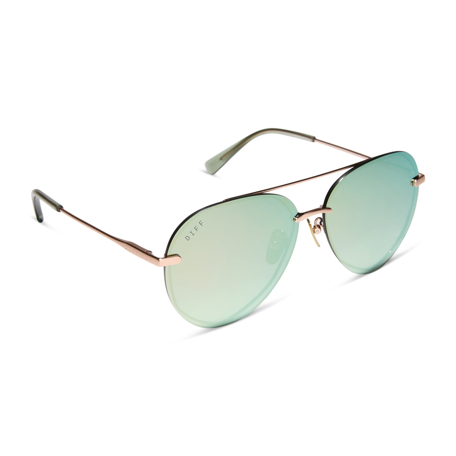 diff eyewear featuring the lenox aviator sunglasses with a brushed champagne frame and cool matcha green mirror polarized lenses angled view