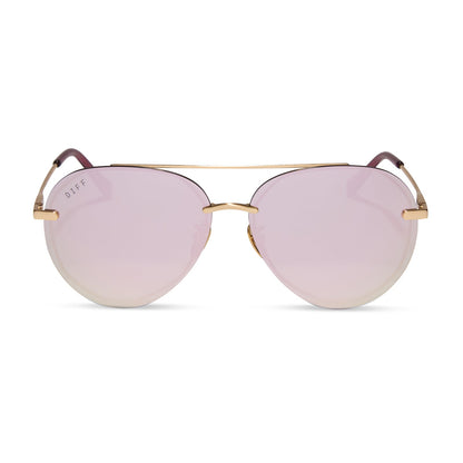 diff eyewear lenox aviator sunglasses with a brushed gold frame and cherry blossom mirror lenses front view