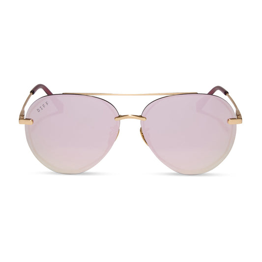 diff eyewear lenox aviator sunglasses with a brushed gold frame and cherry blossom mirror lenses front view