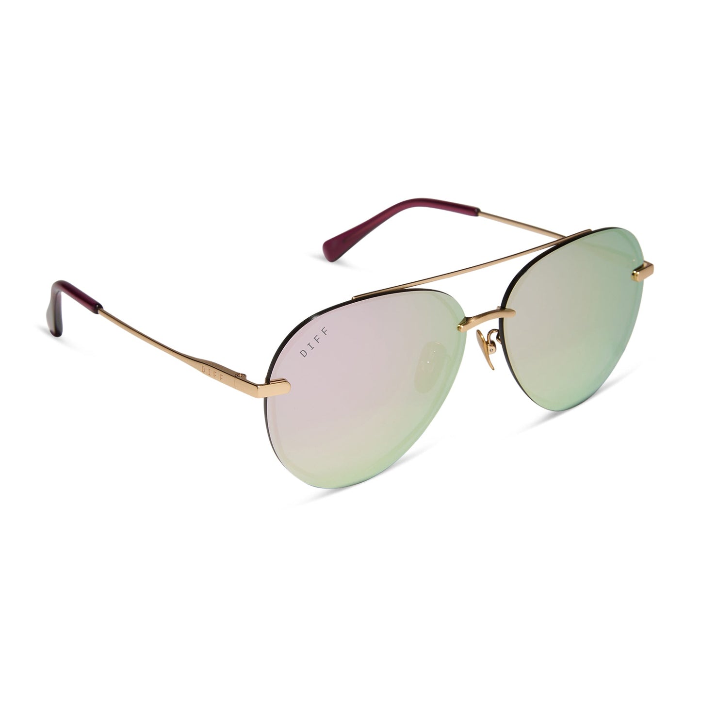 diff eyewear lenox aviator sunglasses with a brushed gold frame and cherry blossom mirror lenses angled view