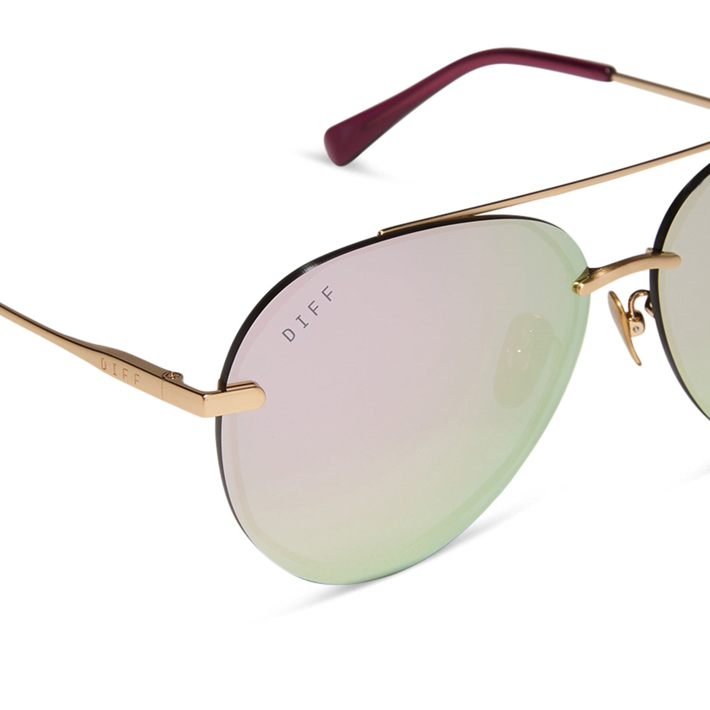 diff eyewear lenox aviator sunglasses with a brushed gold frame and cherry blossom mirror lenses detailed view