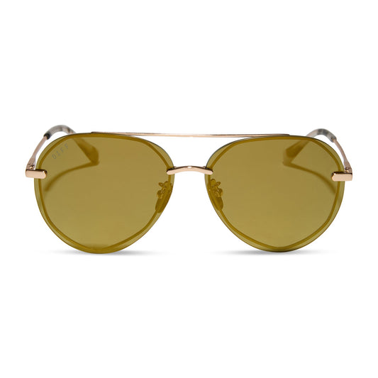 diff eyewear featuring the lenox aviator sunglasses with a brushed gold frame and moss mirror polarized lenses front view