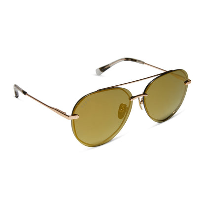 diff eyewear featuring the lenox aviator sunglasses with a brushed gold frame and moss mirror polarized lenses angled view