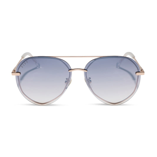 diff eyewear featuring the lenox aviator sunglasses with a champagne gold (light gold) frame and blue slate gradient flash lenses front view