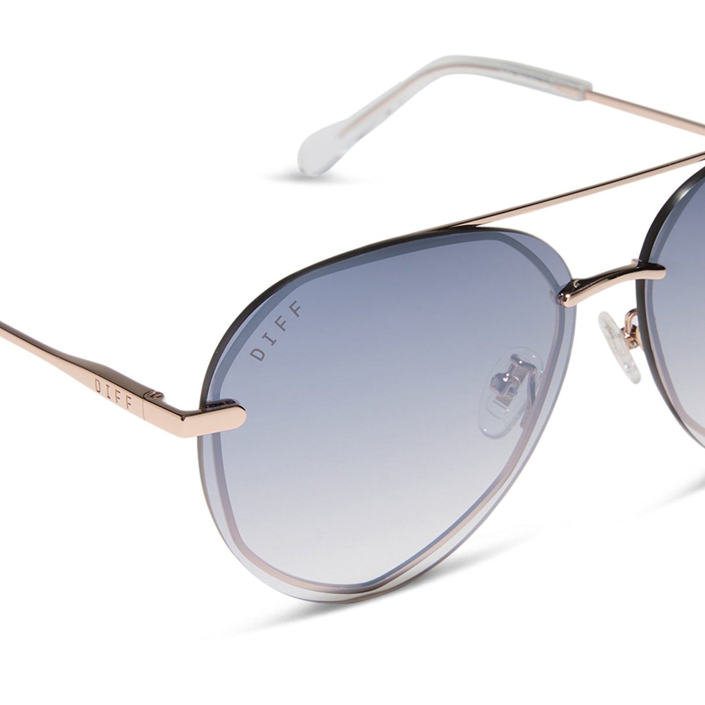 diff eyewear featuring the lenox aviator sunglasses with a champagne gold (light gold) frame and blue slate gradient flash lenses detailed view